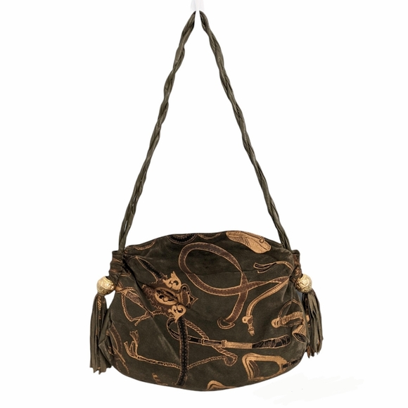 Vintage Park Avenue Olive Green Equestrian Horsebit Embossed Suede Leather Bag - Picture 2 of 12